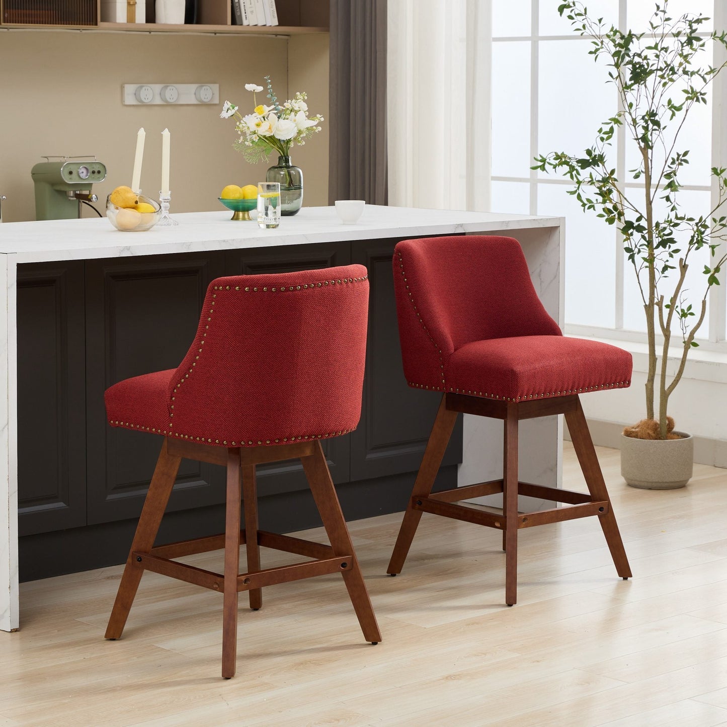 Wine Red Swivel Bar Stools Set of 2 | 26” Upholstered Counter Height Chairs - 1st Choice Furniture Direct