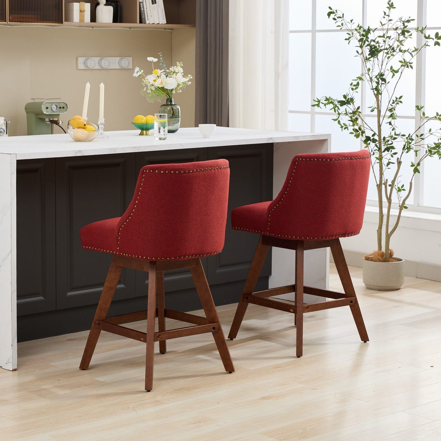 Wine Red Swivel Bar Stools Set of 2 | 26” Upholstered Counter Height Chairs - 1st Choice Furniture Direct