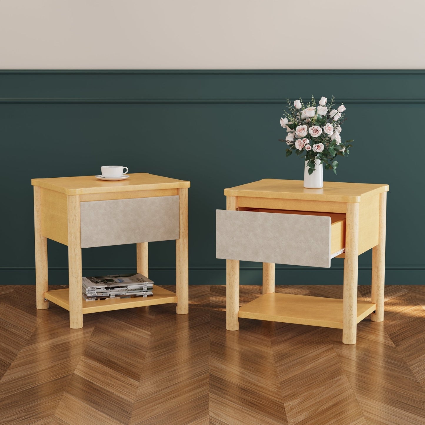 Wood Nightstand,Modern Nightstands with Drawer, Farmhouse Bedside Table for Bedroom Living Room ,MP2(set of 2) Natural&Beige Color - 1st Choice Furniture Direct