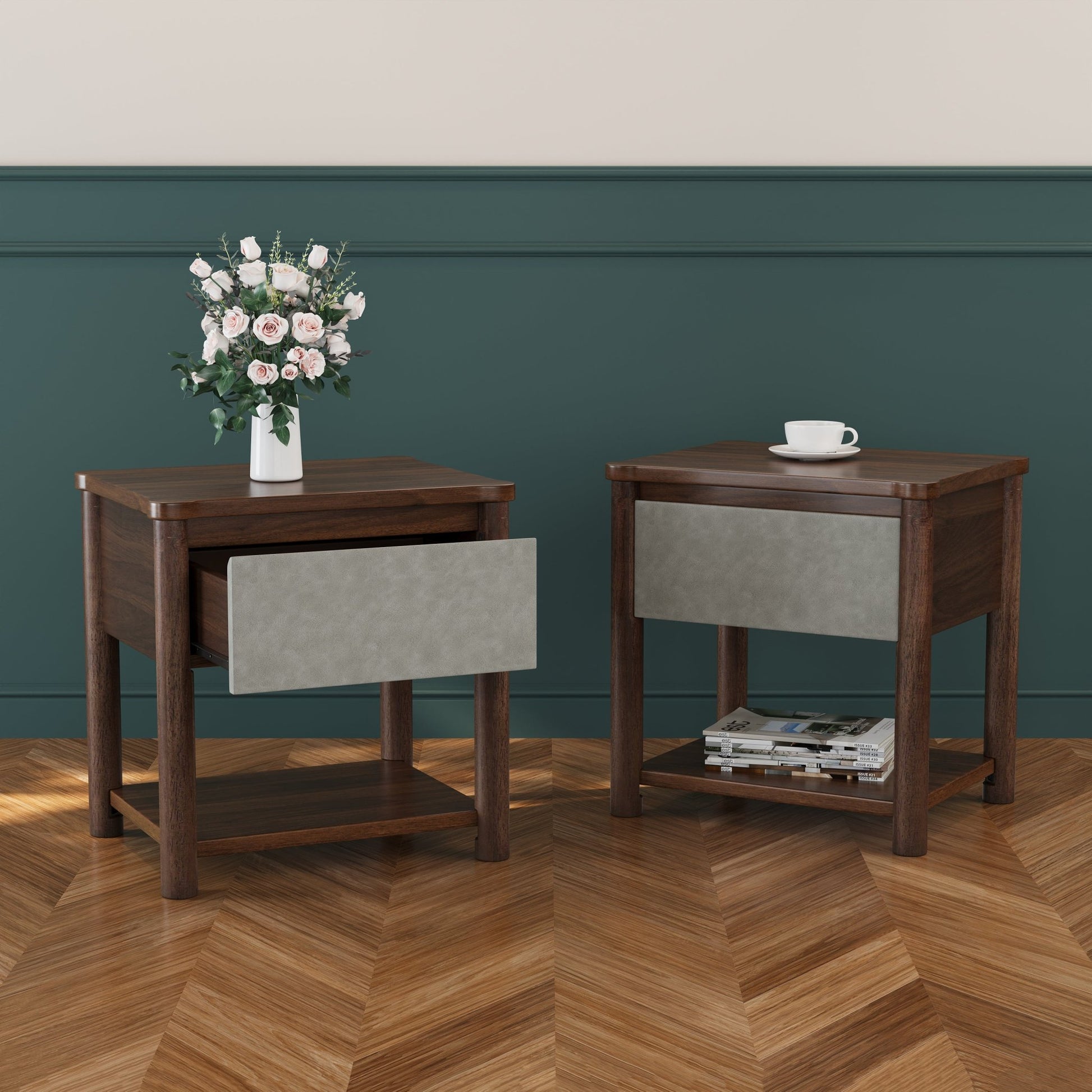 Wood Nightstand,Modern Nightstands with Drawer, Farmhouse Bedside Table for Bedroom Living Room,MP2(set of 2) Walnut&Light Grey Color - 1st Choice Furniture Direct