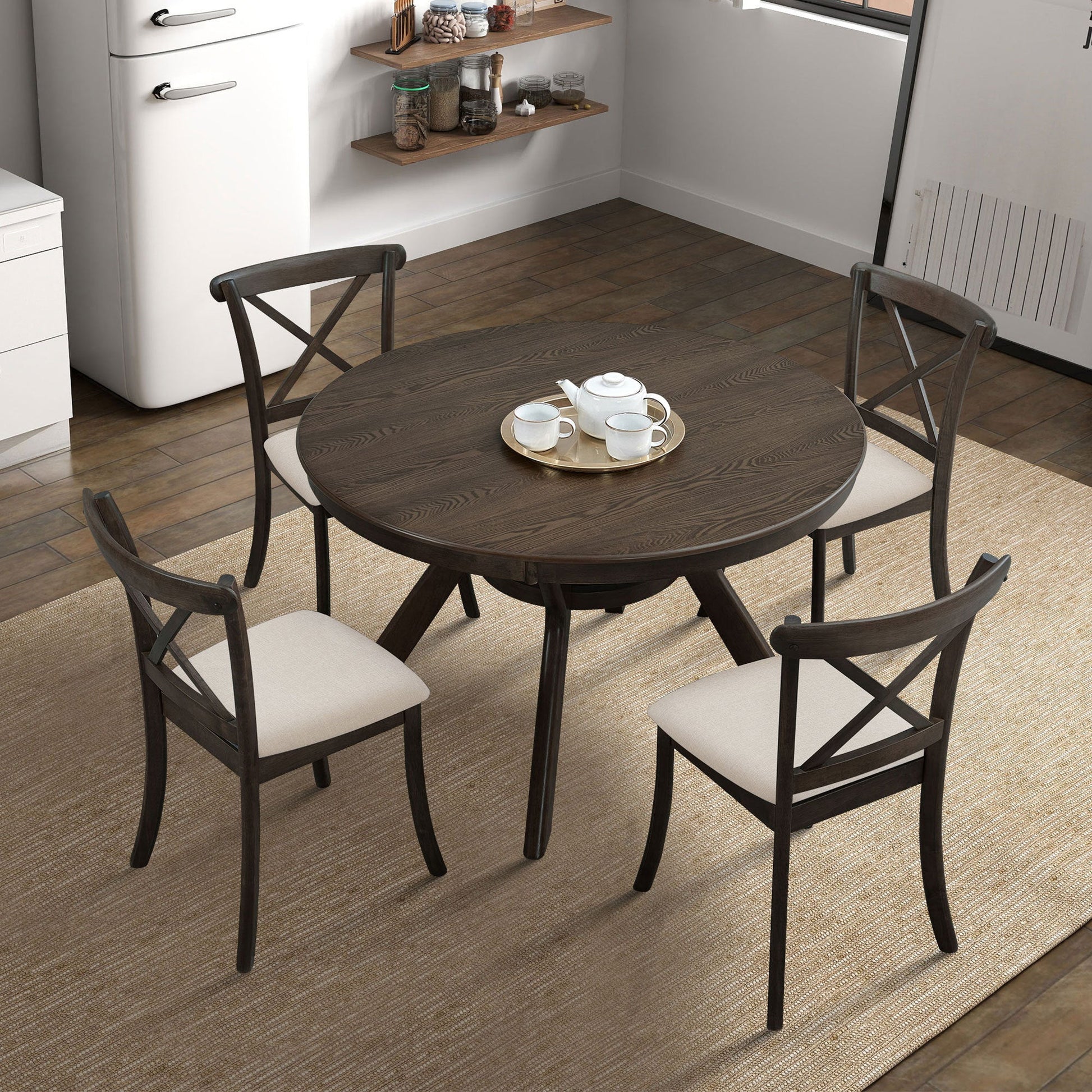 Wooden Dining Table Set, Mid Century Modern Round Rubber Wood Kitchen Table and Cross Back Upholstered Dining Chairs for Dining Room, Kitchen, Saving Space (1 Table with 4 Chairs), BROWN - 1st Choice Furniture Direct