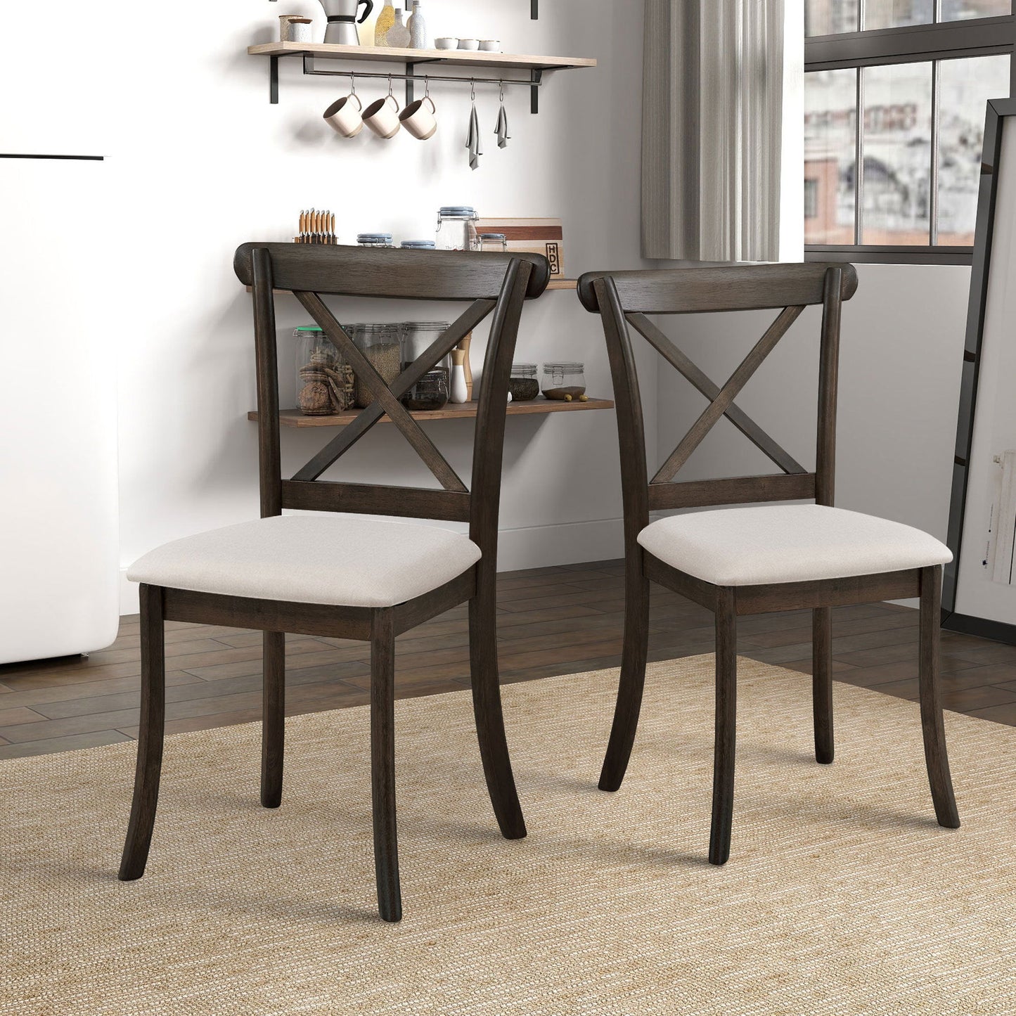 Wooden Dining Table Set, Mid Century Modern Round Rubber Wood Kitchen Table and Cross Back Upholstered Dining Chairs for Dining Room, Kitchen, Saving Space (1 Table with 4 Chairs), BROWN - 1st Choice Furniture Direct
