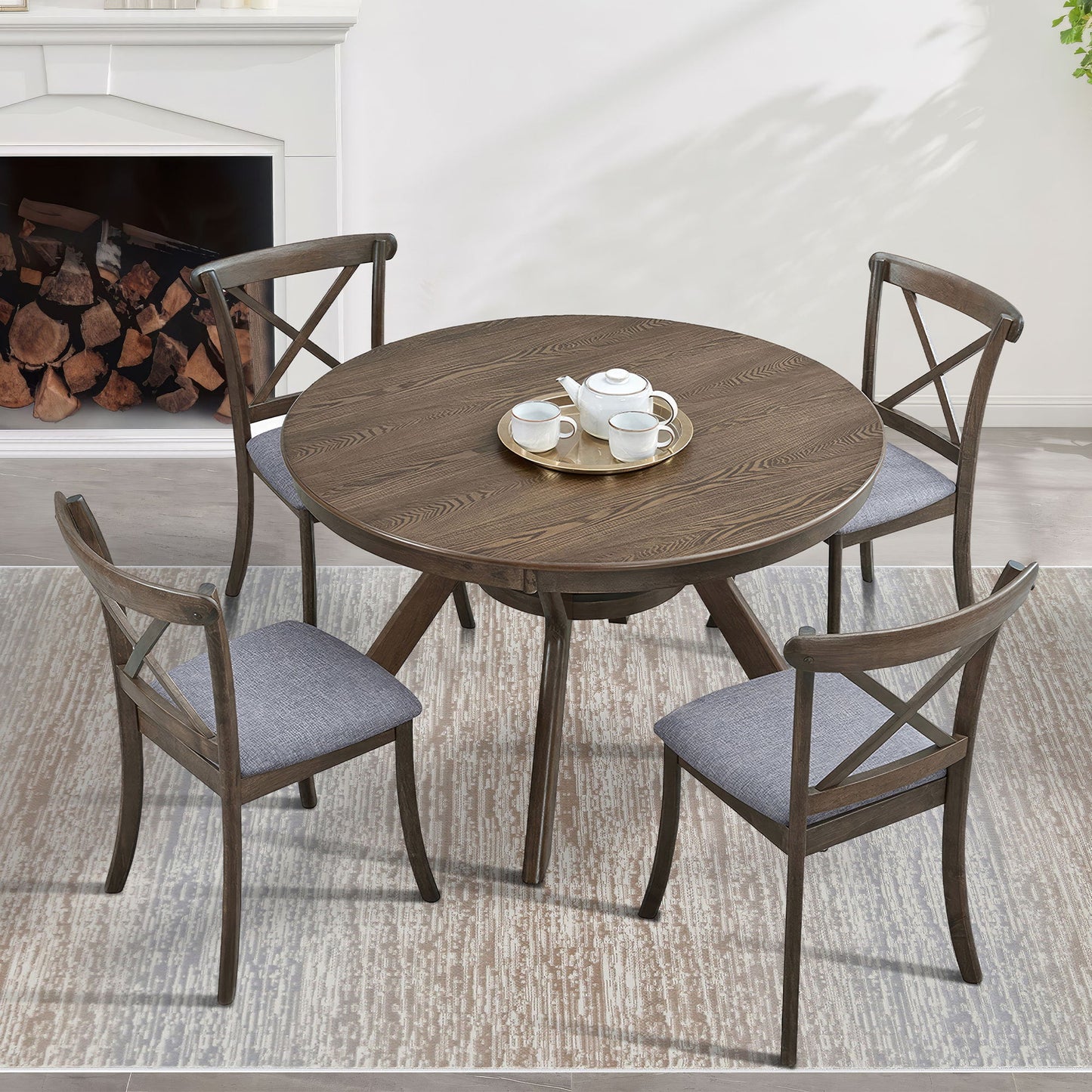 Wooden Dining Table Set, Mid Century Modern Round Rubber Wood Kitchen Table and Cross Back Upholstered Dining Chairs for Dining Room, Kitchen, Saving Space (1 Table with 4 Chairs),OAK - 1st Choice Furniture Direct