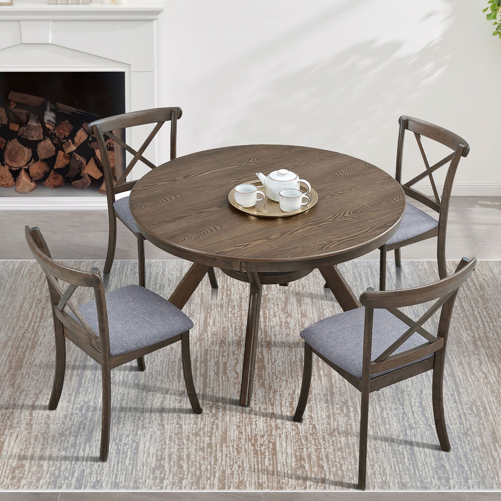 Wooden Dining Table Set, Mid Century Modern Round Rubber Wood Kitchen Table and Cross Back Upholstered Dining Chairs for Dining Room, Kitchen, Saving Space (1 Table with 4 Chairs),OAK - 1st Choice Furniture Direct