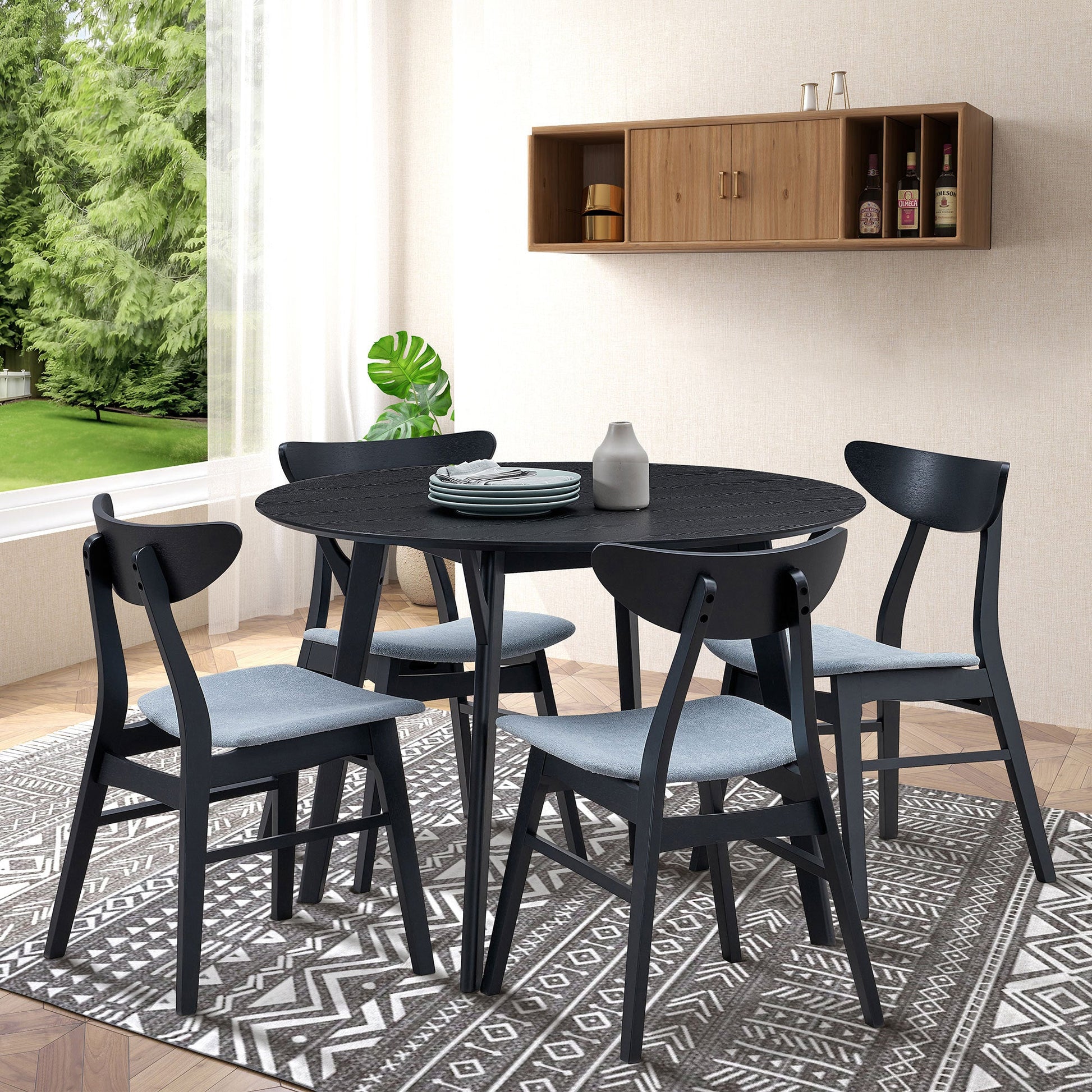 Wooden Dining Table Set, Modern Simple Design Round Kitchen Table and Fabric Upholstered Dining Chairs for Dining Room, Kitchen, Saving Space(1 Table with 4 Chairs),Black - 1st Choice Furniture Direct