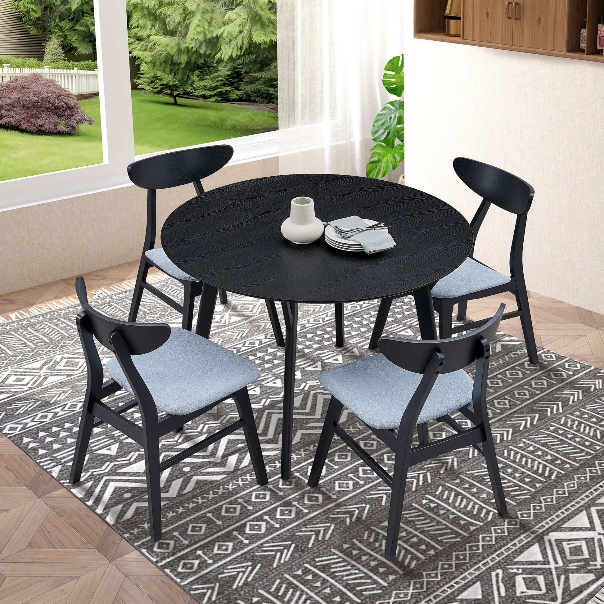 Wooden Dining Table Set, Modern Simple Design Round Kitchen Table and Fabric Upholstered Dining Chairs for Dining Room, Kitchen, Saving Space(1 Table with 4 Chairs),Black - 1st Choice Furniture Direct