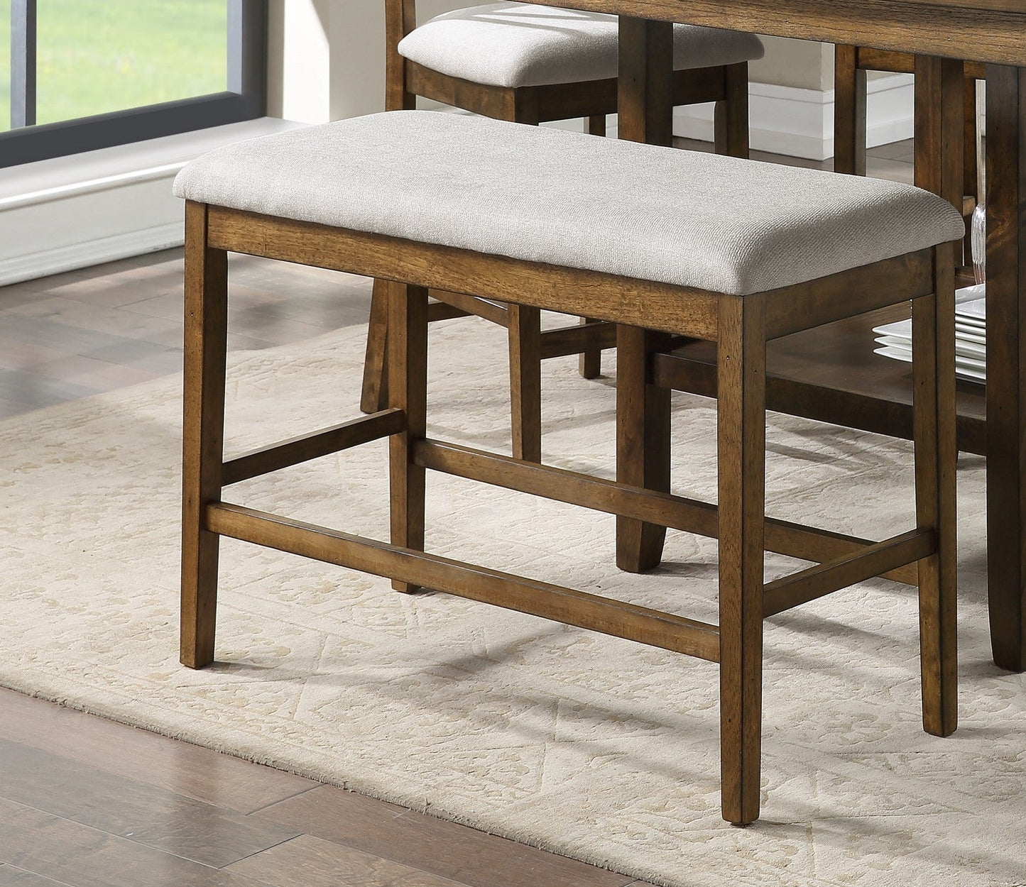 Wooden Frame Counter Height Bench Light Oak Finish Mindy Veneer Gray Textured Fabric Upholstery Dining Room Furniture - 1st Choice Furniture Direct