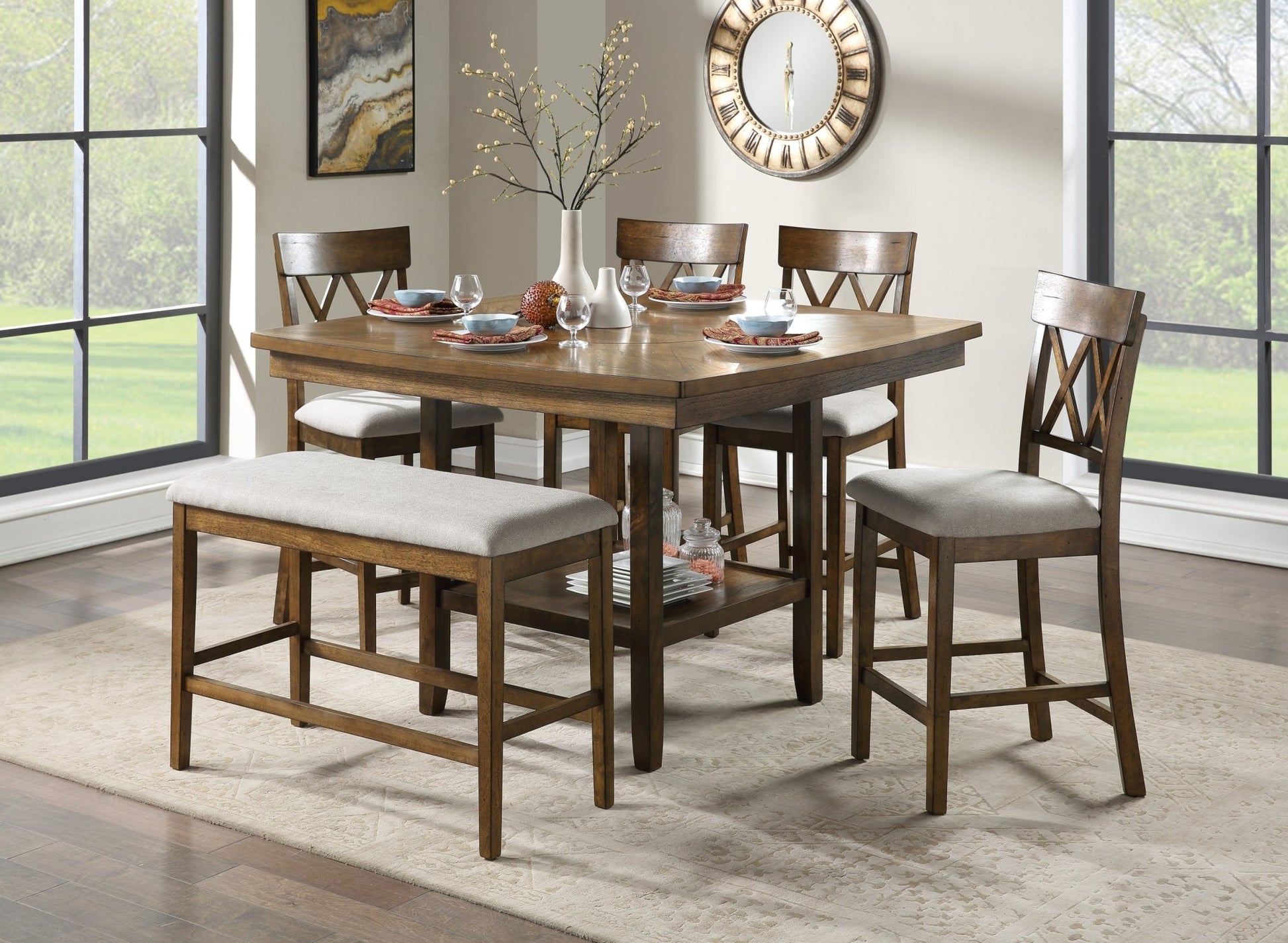 Wooden Frame Counter Height Bench Light Oak Finish Mindy Veneer Gray Textured Fabric Upholstery Dining Room Furniture - 1st Choice Furniture Direct