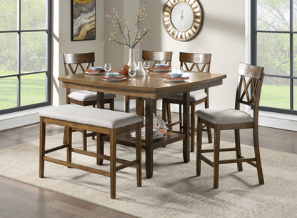 Wooden Frame Counter Height Bench Light Oak Finish Mindy Veneer Gray Textured Fabric Upholstery Dining Room Furniture - 1st Choice Furniture Direct
