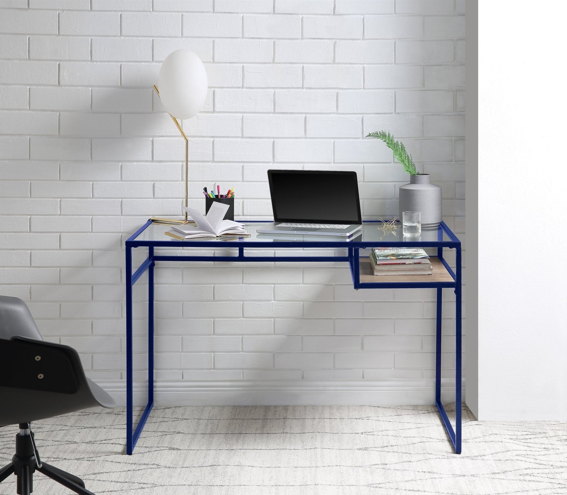 Yasin Glass Top & Blue Finish Writing Desk - 1st Choice Furniture Direct