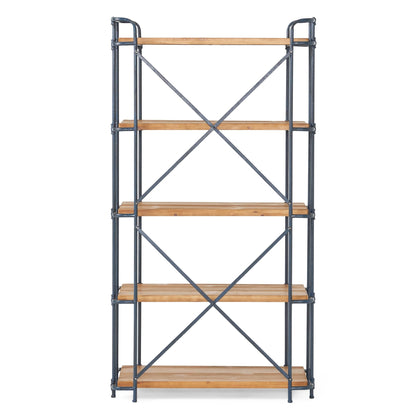 Yorktown Industrial 5 - Shelf Bookcase with Metal Pipework and Solid Fir in Natural Finish - 1st Choice Furniture Direct