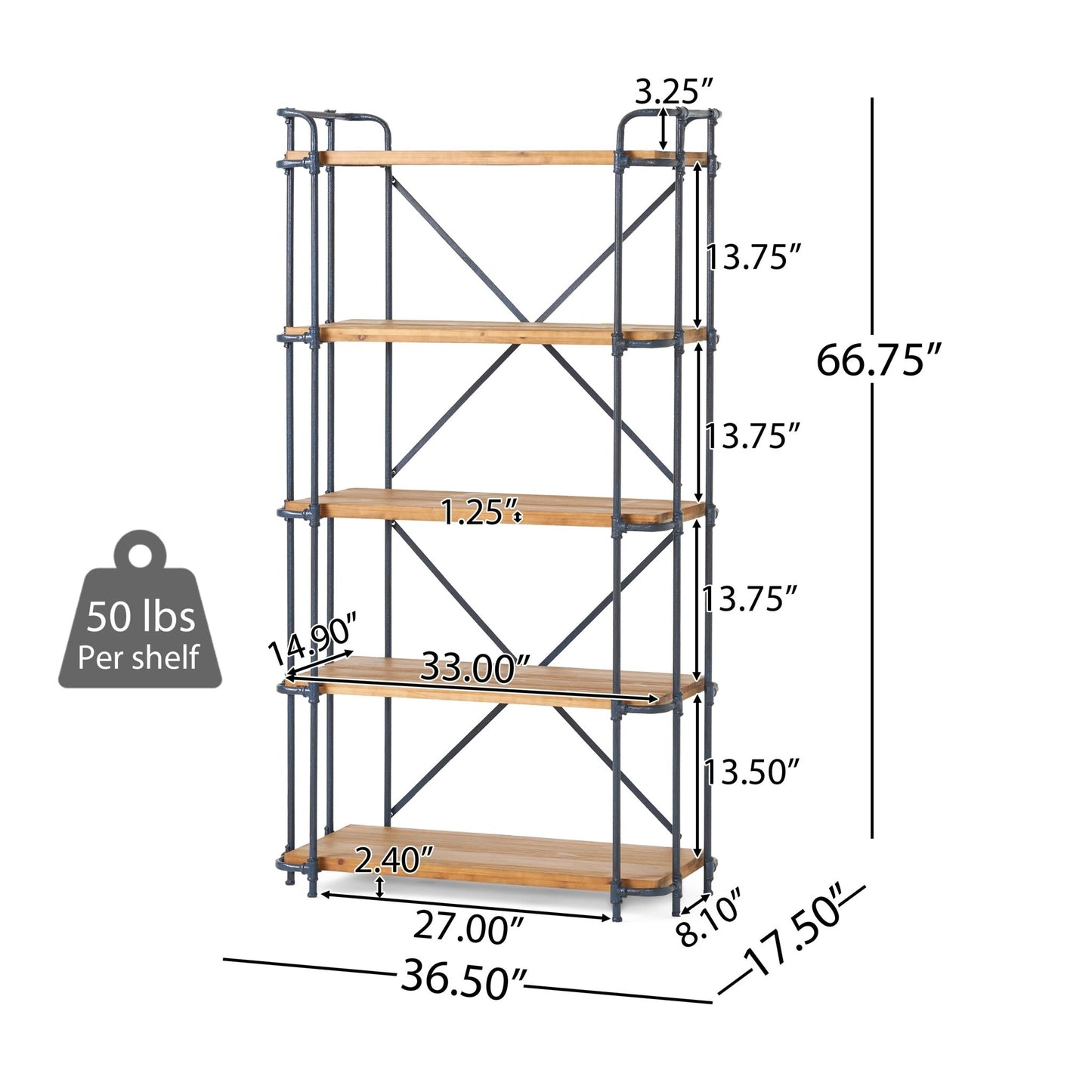 Yorktown Industrial 5 - Shelf Bookcase with Metal Pipework and Solid Fir in Natural Finish - 1st Choice Furniture Direct