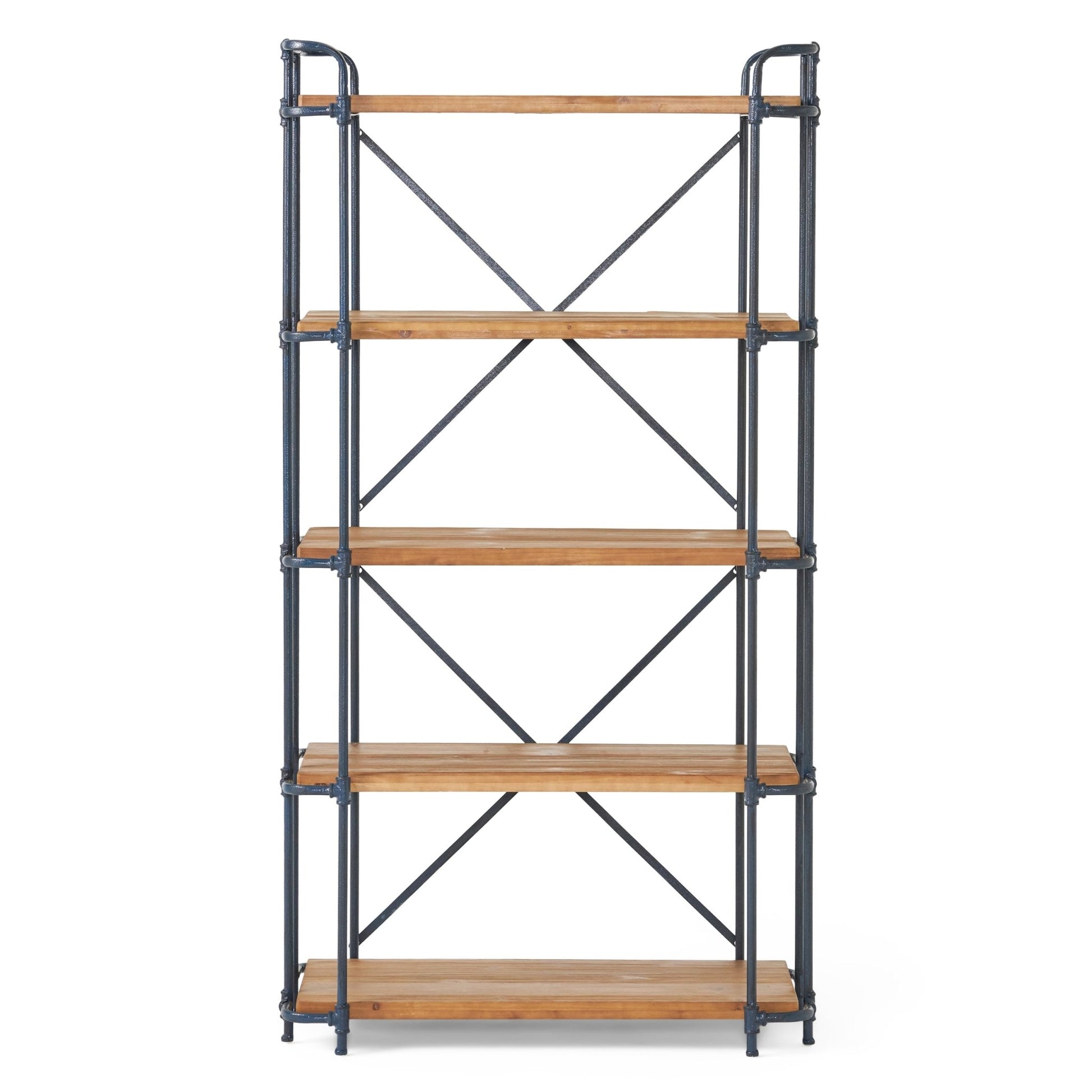 Yorktown Industrial 5 - Shelf Bookcase with Metal Pipework and Solid Fir in Natural Finish - 1st Choice Furniture Direct
