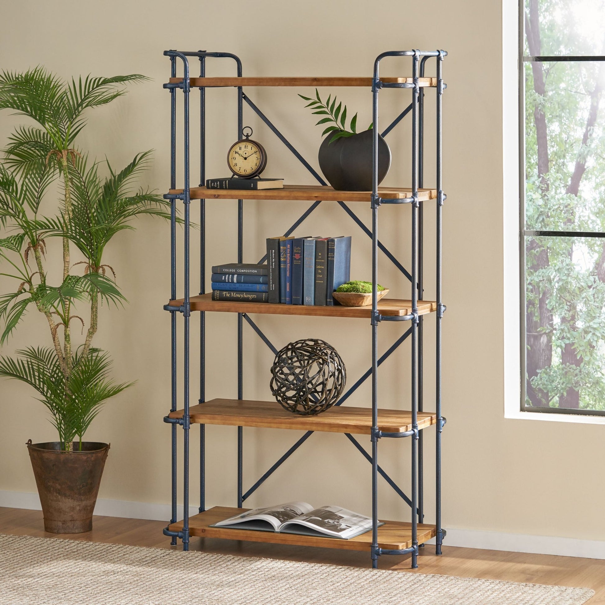 Yorktown Industrial 5 - Shelf Bookcase with Metal Pipework and Solid Fir in Natural Finish - 1st Choice Furniture Direct