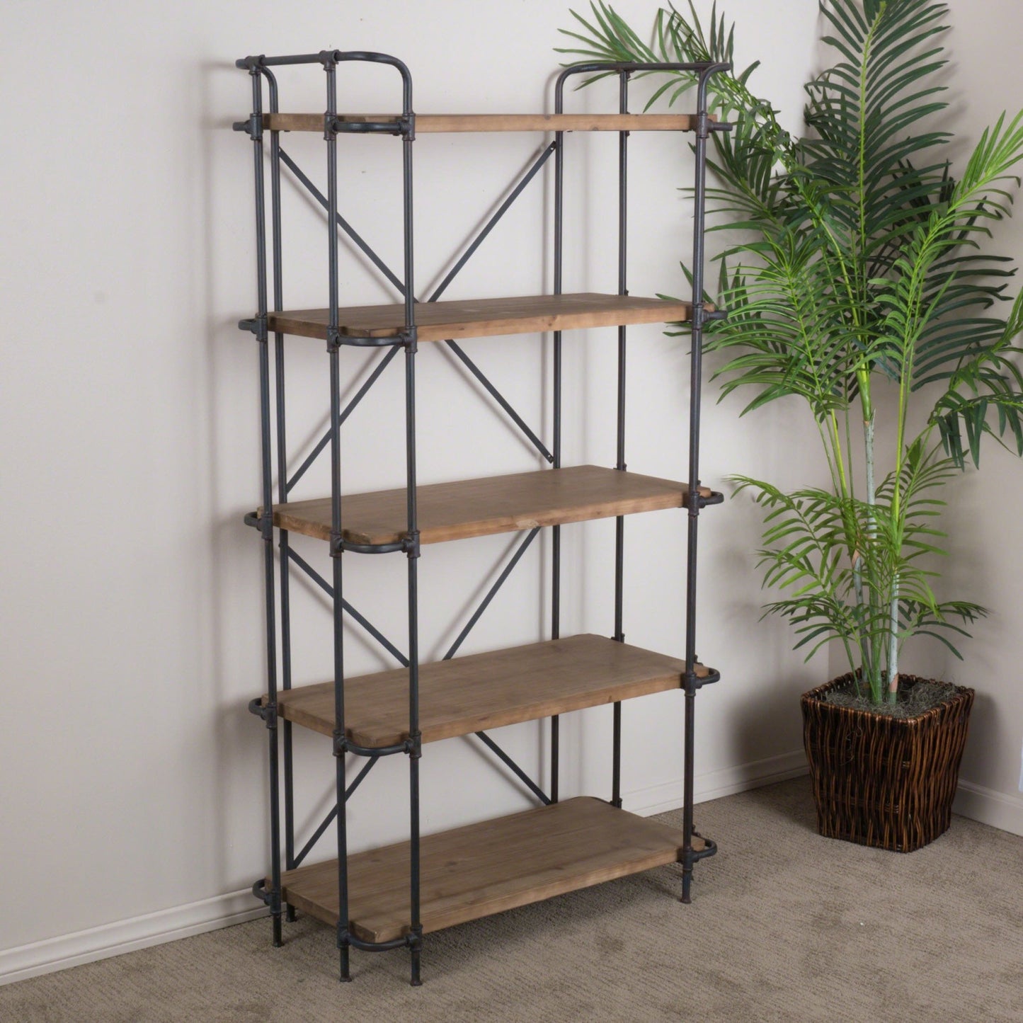 Yorktown Industrial 5 - Shelf Bookcase with Metal Pipework and Solid Fir in Natural Finish - 1st Choice Furniture Direct