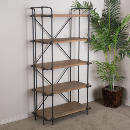 Yorktown Industrial 5 - Shelf Bookcase with Metal Pipework and Solid Fir in Natural Finish - 1st Choice Furniture Direct