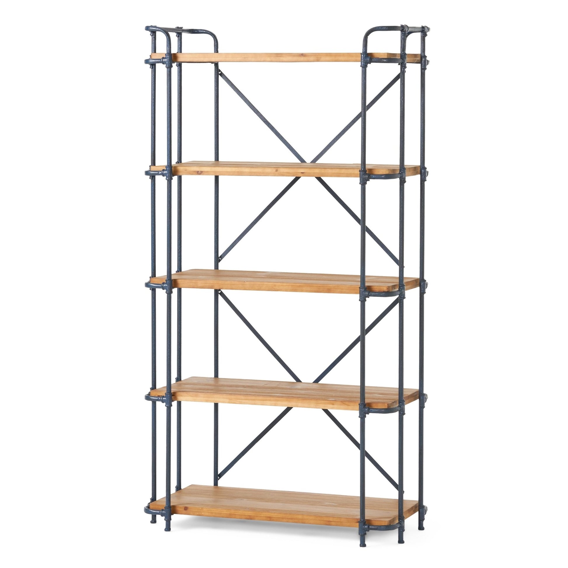 Yorktown Industrial 5 - Shelf Bookcase with Metal Pipework and Solid Fir in Natural Finish - 1st Choice Furniture Direct