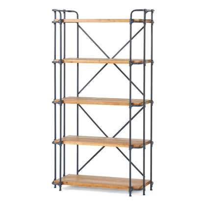 Yorktown Industrial 5 - Shelf Bookcase with Metal Pipework and Solid Fir in Natural Finish - 1st Choice Furniture Direct