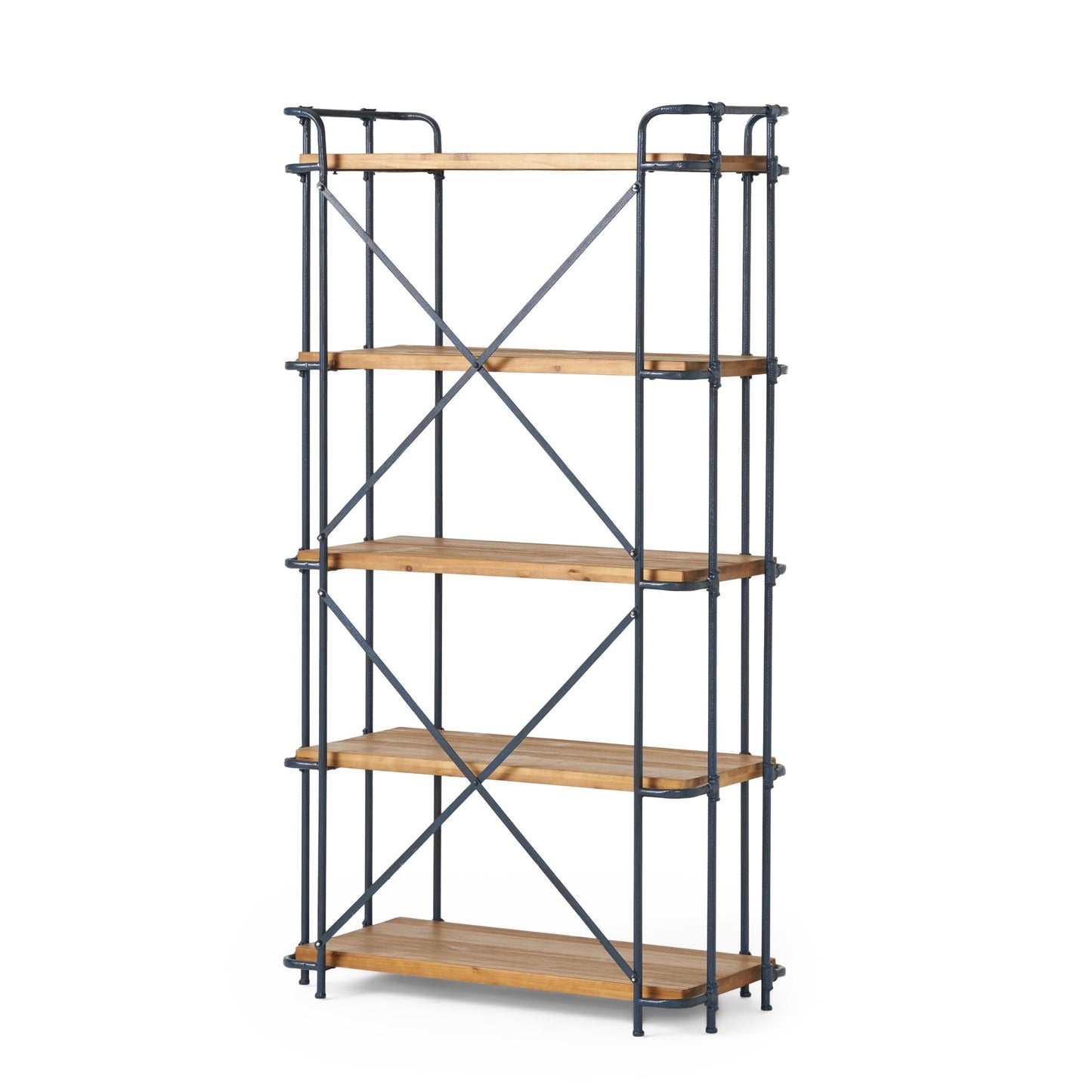 Yorktown Industrial 5 - Shelf Bookcase with Metal Pipework and Solid Fir in Natural Finish - 1st Choice Furniture Direct