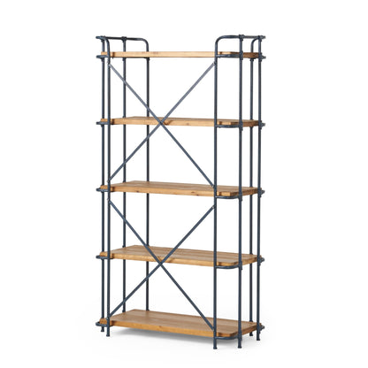 Yorktown Industrial 5 - Shelf Bookcase with Metal Pipework and Solid Fir in Natural Finish - 1st Choice Furniture Direct