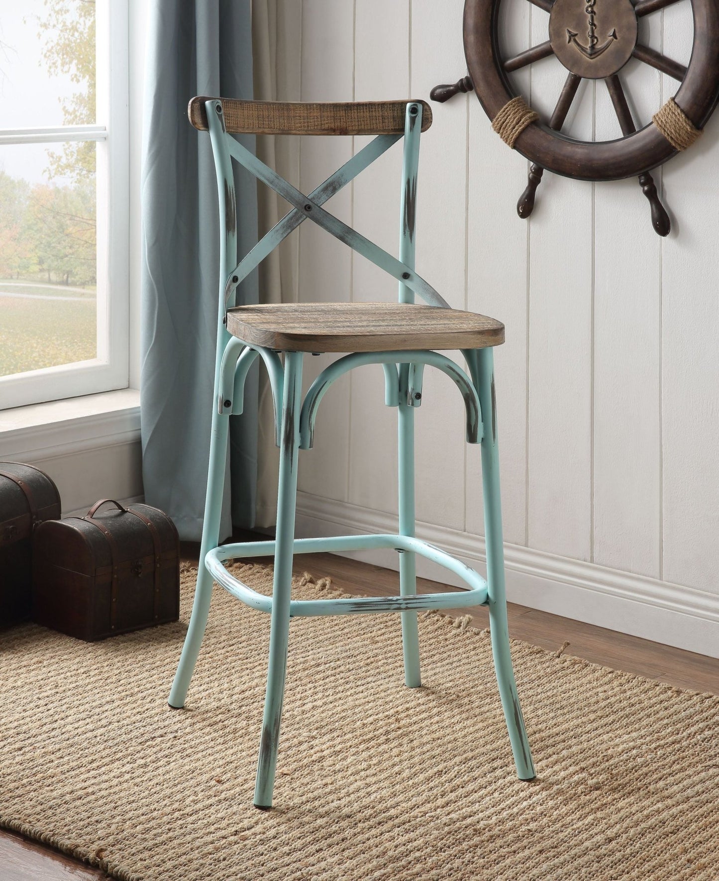 Zaire Antique Turquoise & Antique Oak Finish Bar Chair - 1st Choice Furniture Direct