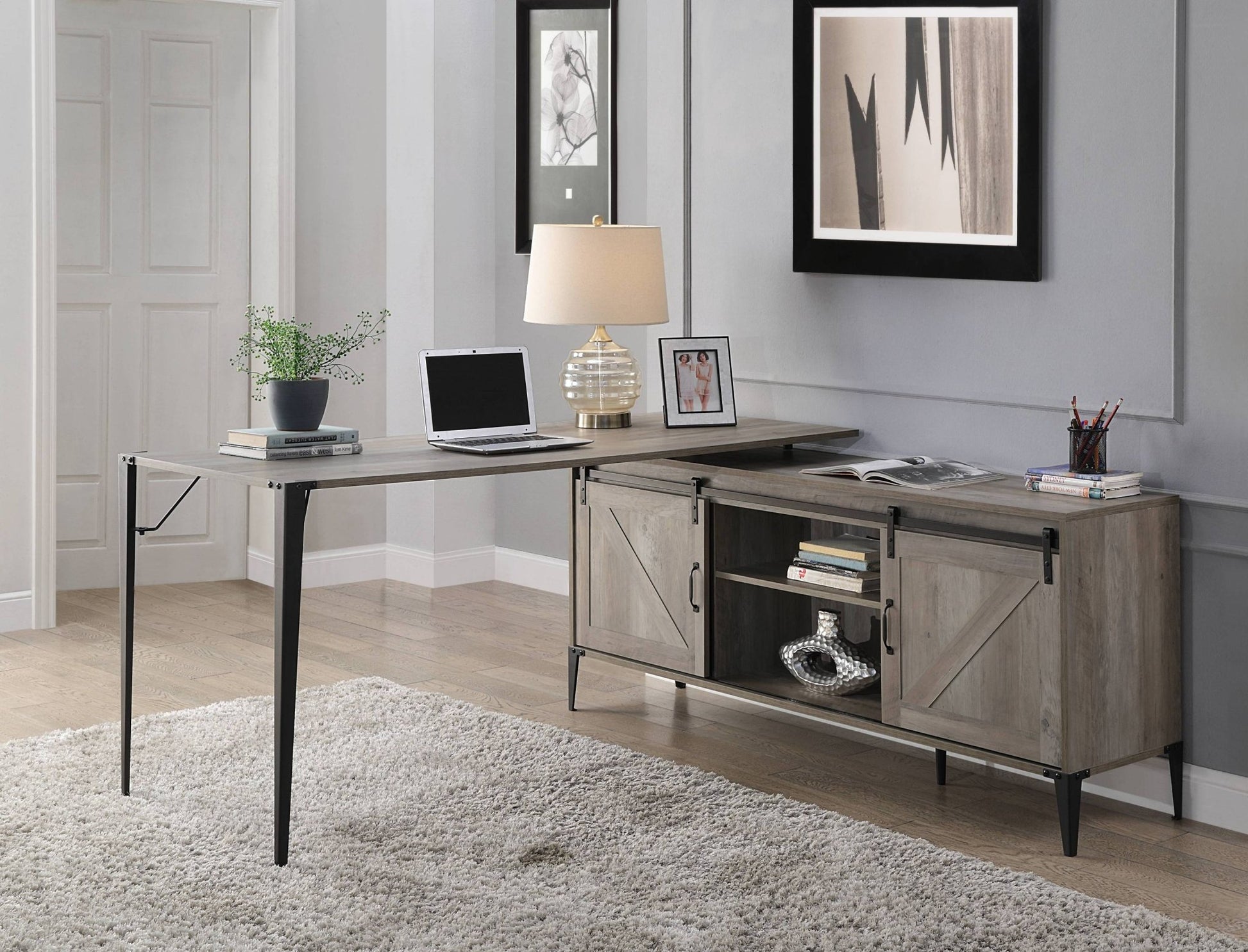 Zakawani Gray Oak & Black Finish Writing Desk with a Cabinet - 1st Choice Furniture Direct