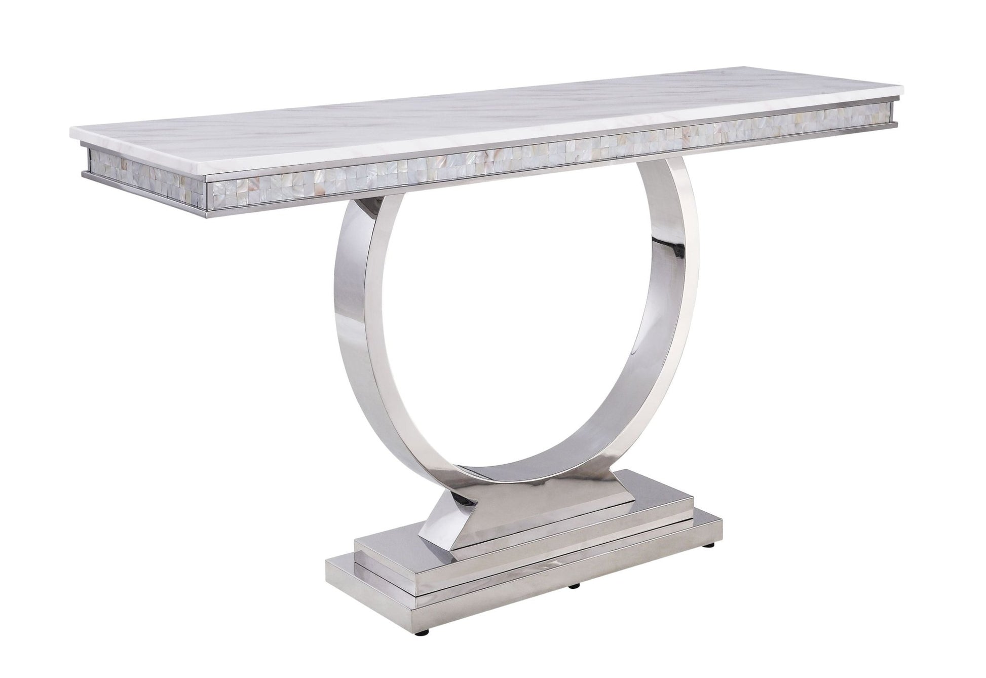 Zander White Printed Faux Marble Top & Mirrored Silver Finish Sofa Table - 1st Choice Furniture Direct