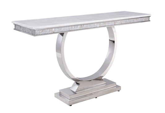 Zander White Printed Faux Marble Top & Mirrored Silver Finish Sofa Table - 1st Choice Furniture Direct