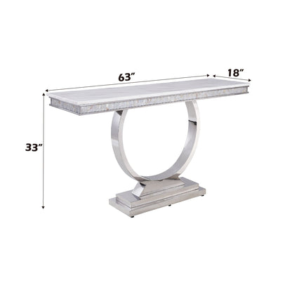 Zander White Printed Faux Marble Top & Mirrored Silver Finish Sofa Table - 1st Choice Furniture Direct