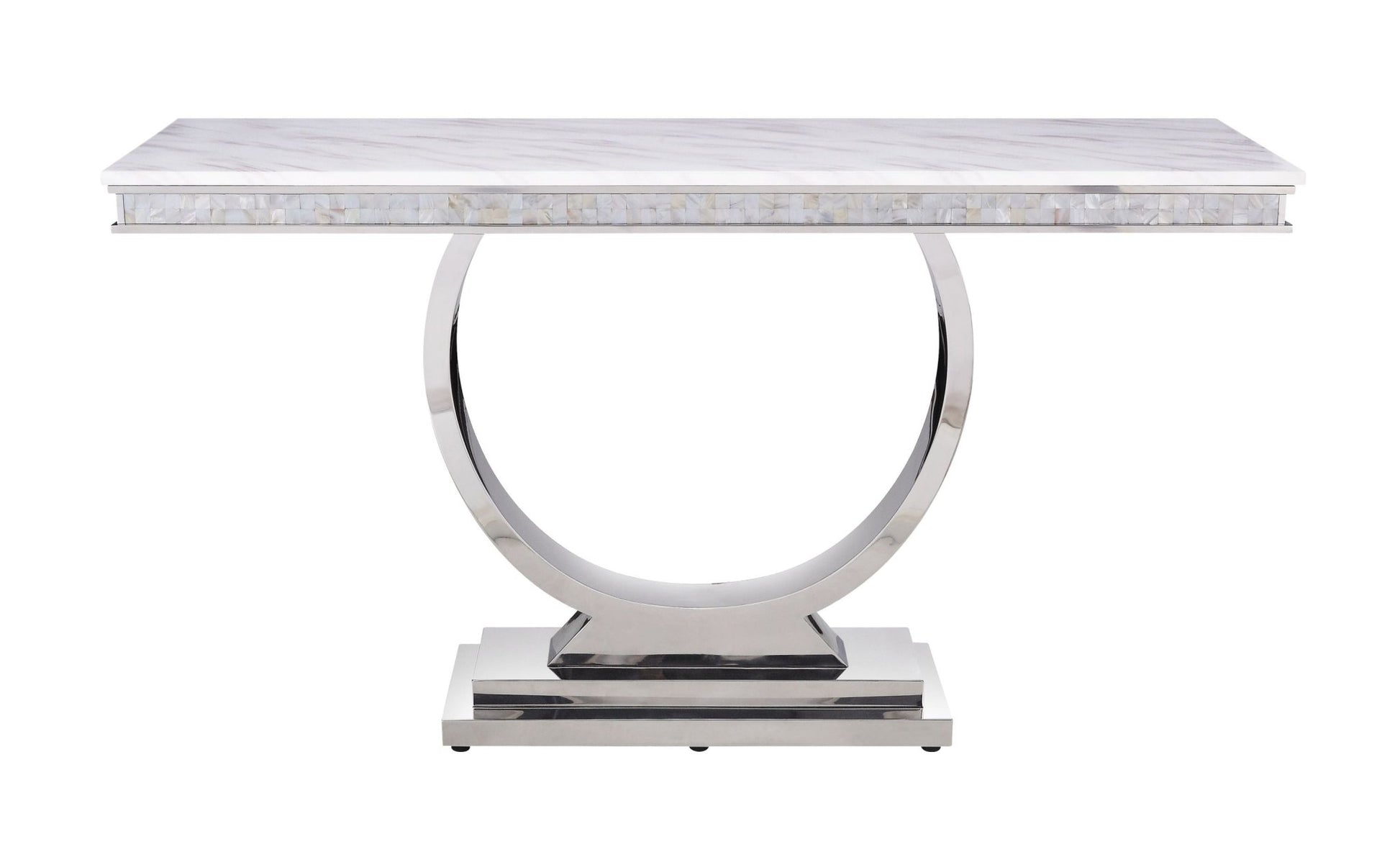 Zander White Printed Faux Marble Top & Mirrored Silver Finish Sofa Table - 1st Choice Furniture Direct