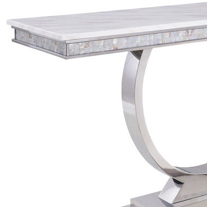 Zander White Printed Faux Marble Top & Mirrored Silver Finish Sofa Table - 1st Choice Furniture Direct