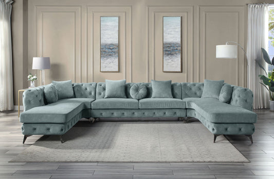 Zerah Dusty Blue Fabric Sectional Sofa W/7 Pillows - 1st Choice Furniture Direct