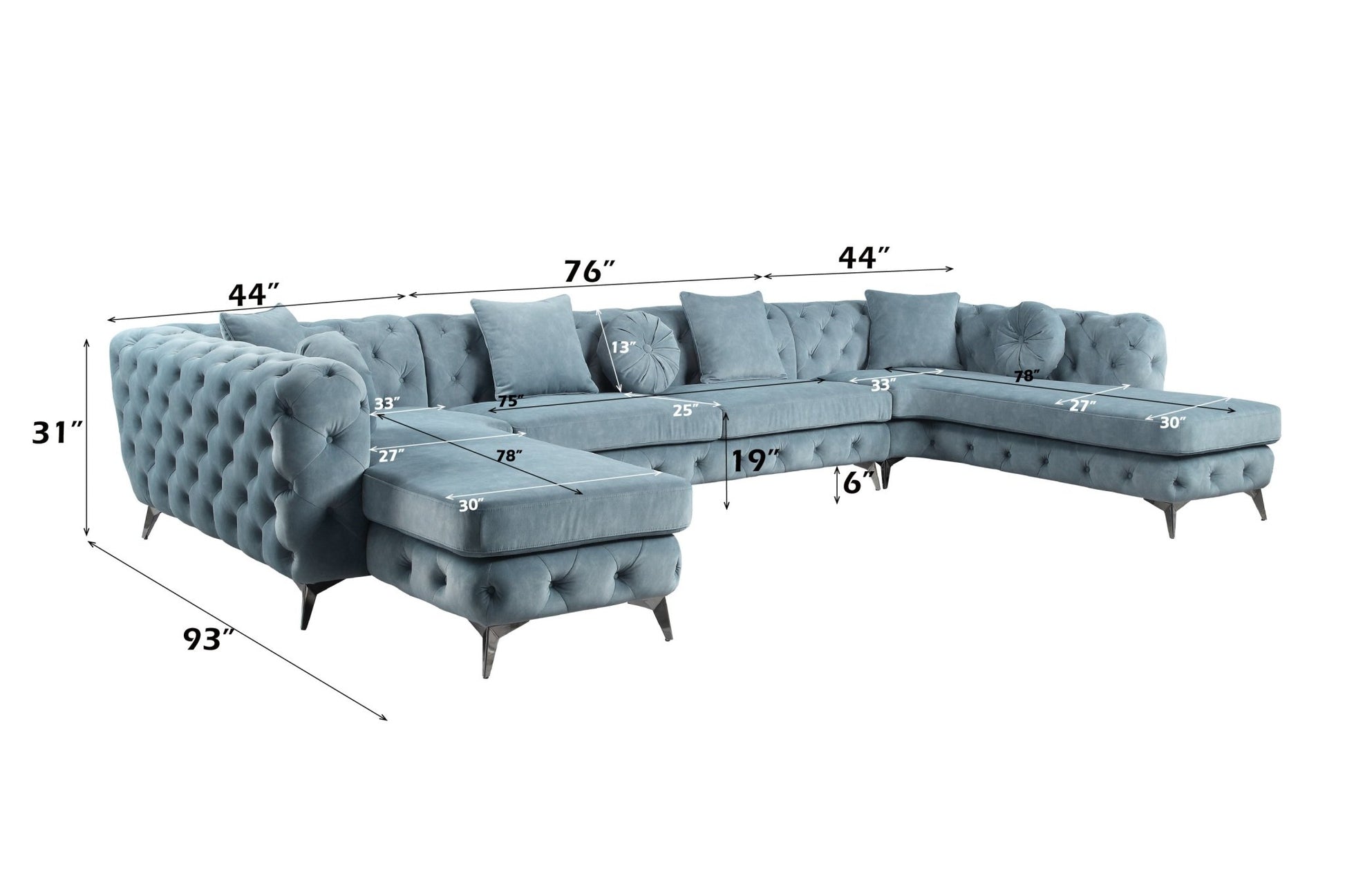 Zerah Dusty Blue Fabric Sectional Sofa W/7 Pillows - 1st Choice Furniture Direct