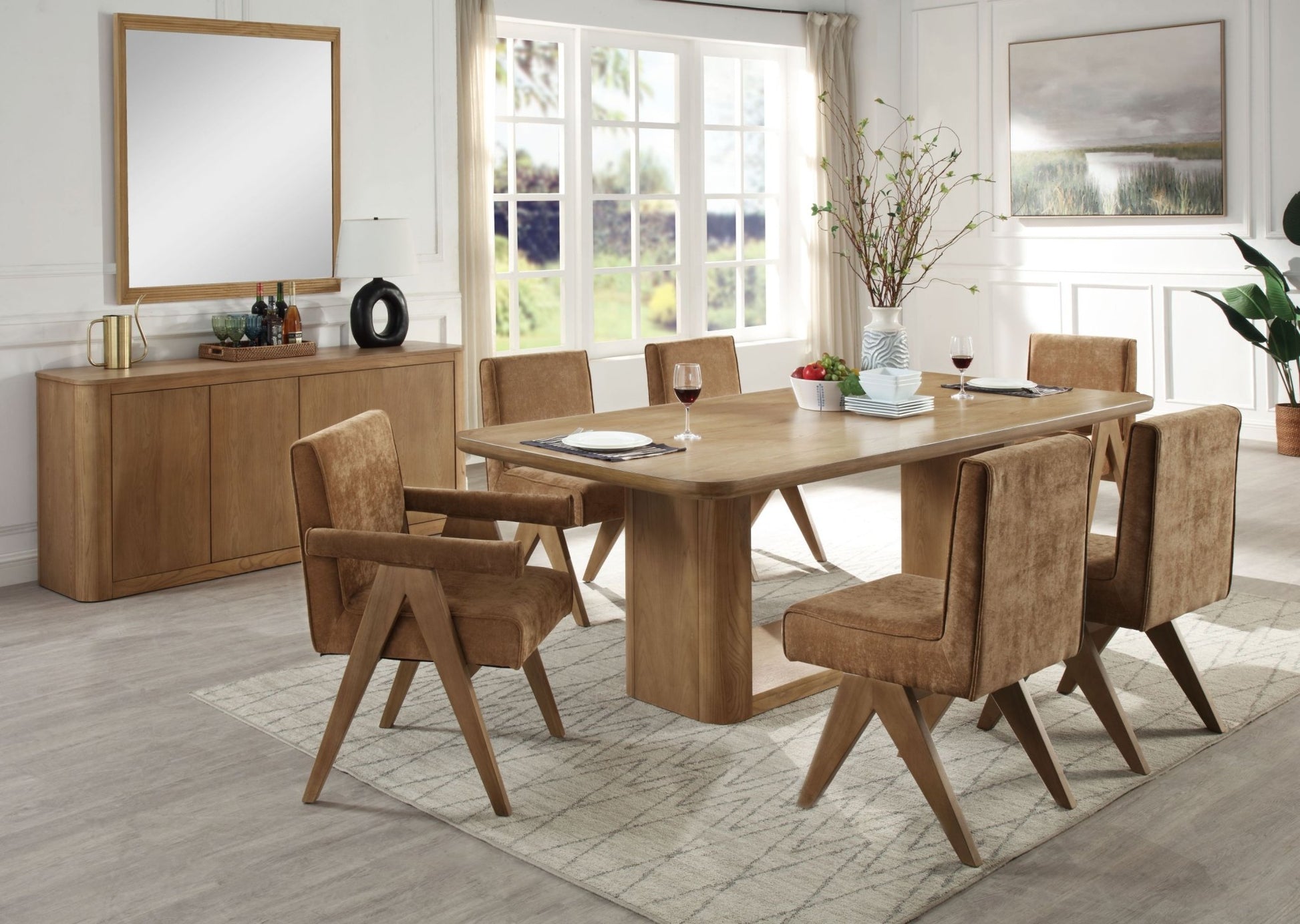 Zoey 7-Piece Light Oak Finish Dining Set with Upholstered Chairs and Rectangular Pedestal Table - 1st Choice Furniture Direct