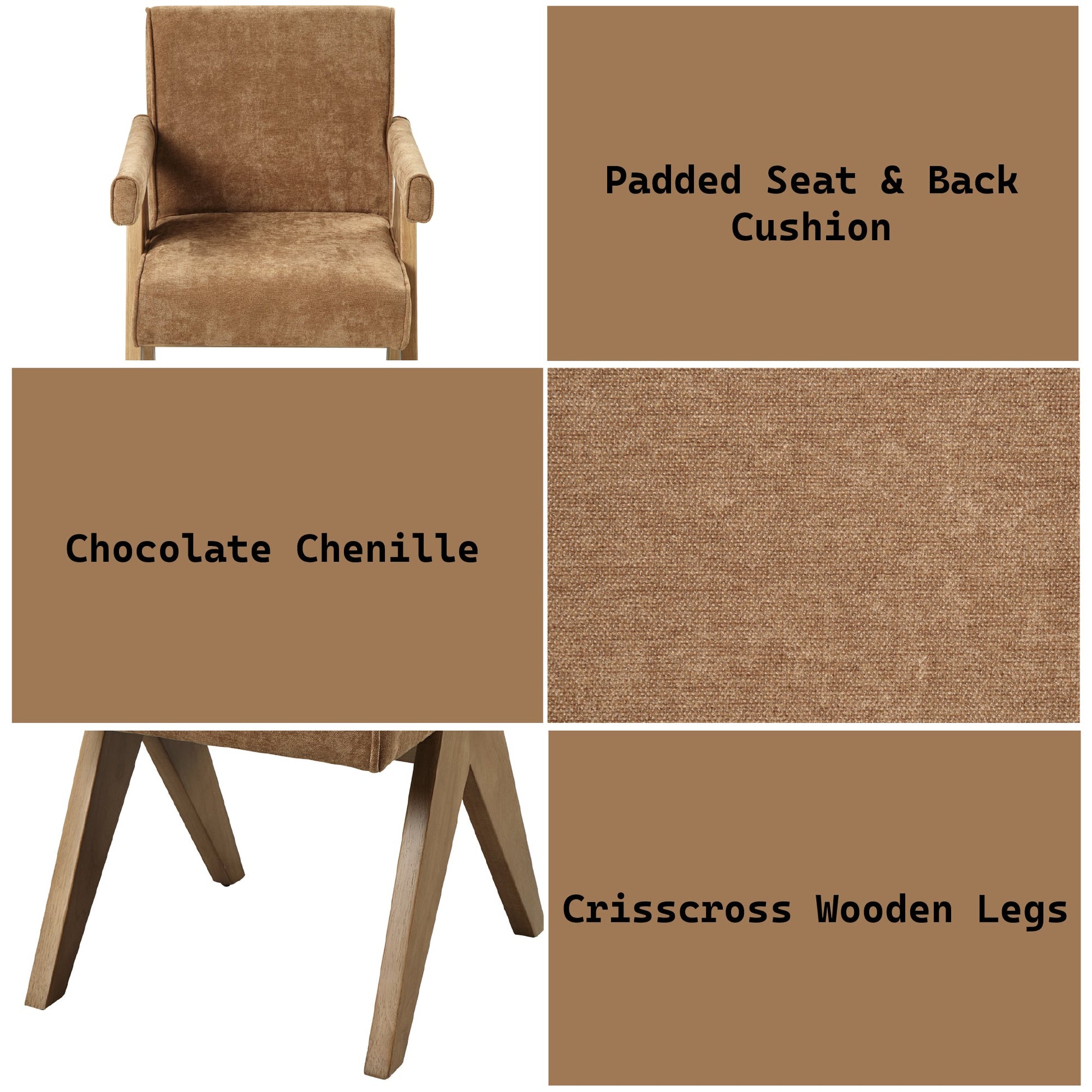 Zoey Chocolate Chenille & Oak Arm Chair (Set of 2) - 1st Choice Furniture Direct