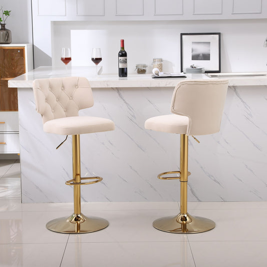 Modern Barstools Bar Height, Swivel Velvet Bar Stool Counter Height Bar Chairs Adjustable Tufted Stool with Back& Footrest for Home Bar Kitchen Island Chair (BEIGE, Set of 2)