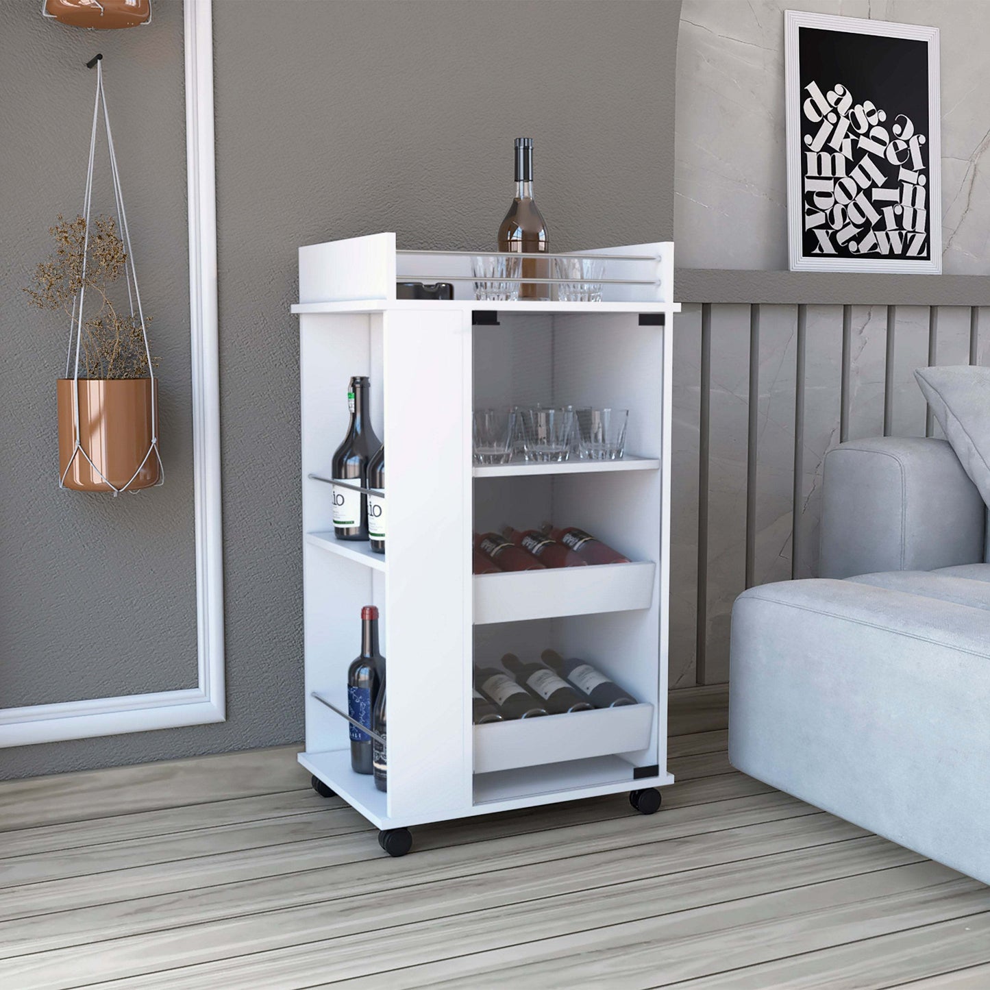 1st Choice Lansing Bar Cart with Glass Door Side Shelves & Casters - White