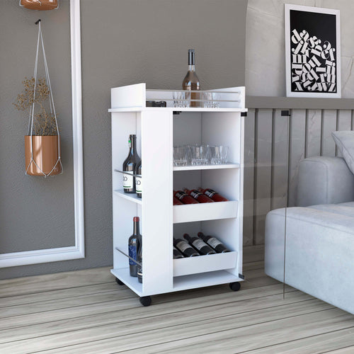 1st Choice Lansing Bar Cart with Glass Door Side Shelves & Casters - White