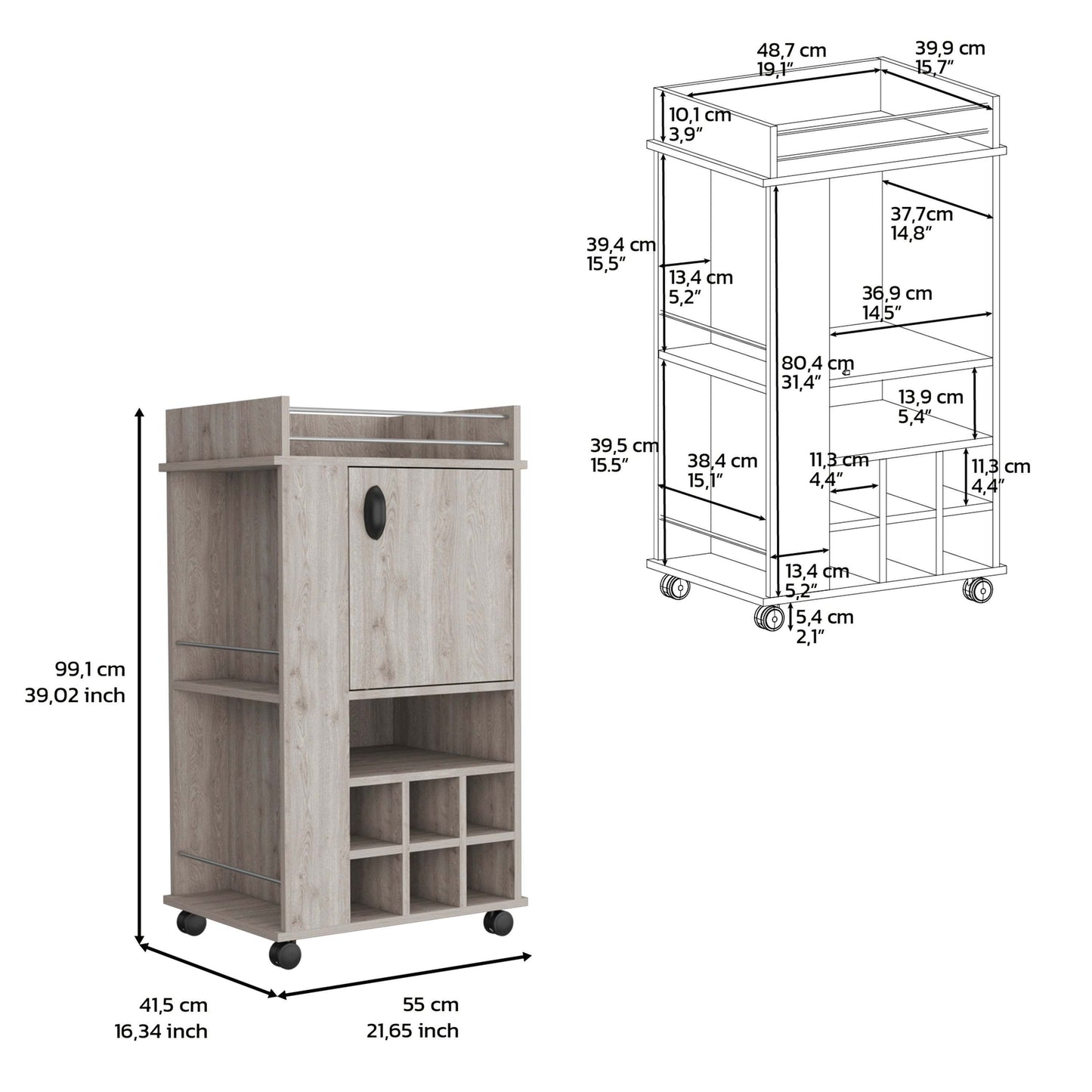 1st Choice Fraser Bar Cart with 6 Built-in Wine Rack and Casters in Light Gray