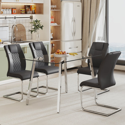 1st Choice Modern Glass Dining Table with 4 Black Dining Chair Set