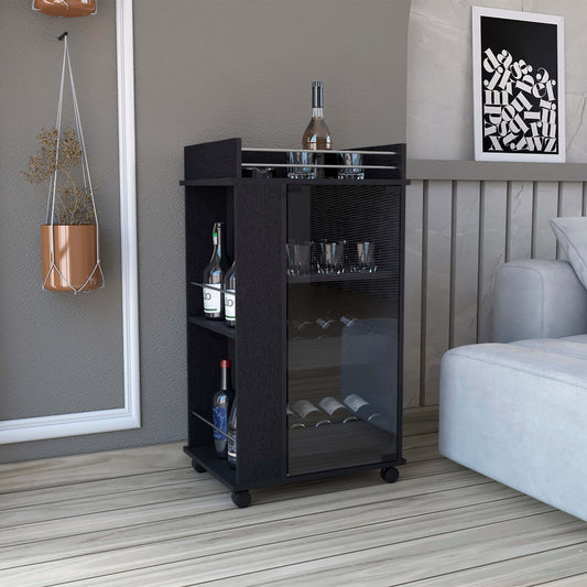 1st Choice Lansing Bar Cart with Glass Door, 2-Side Shelves Casters, Black