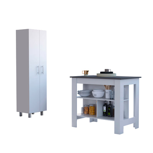 1st Choice 2Pc Kitchen Set Island and Pantry Cabinet in White & Onyx