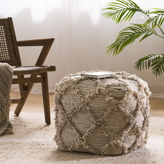 1st Choice Modern Jucar Handcrafted Boho Wool and Cotton Pouf in Gray