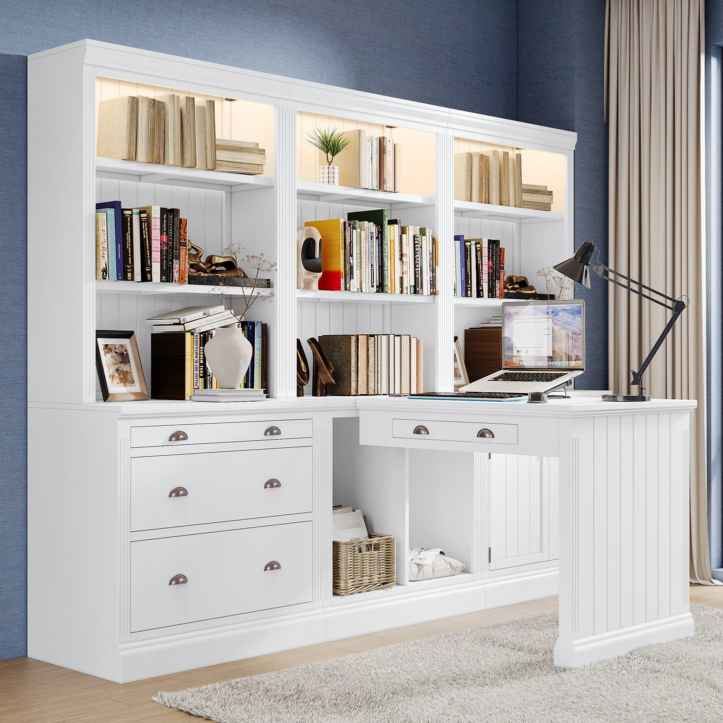 1st Choice Elegant 3-Piece Bookcase and Writing Desk Set in pristine white