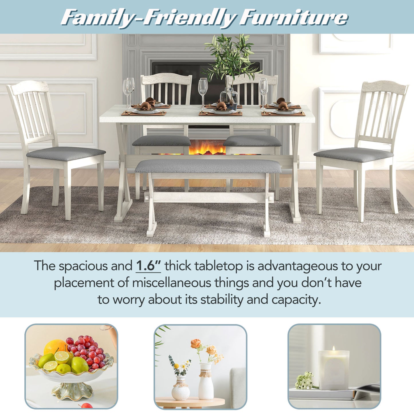 1st Choice Rectangular 6-Piece Rustic Dining Set with 4 Chairs in White Washed
