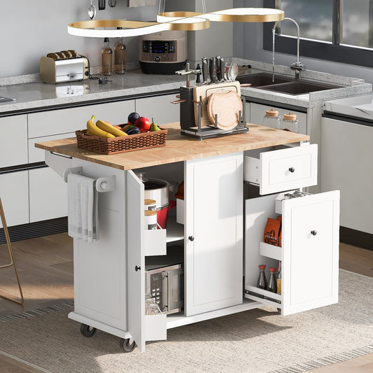 1st Choice Modern White Rolling Kitchen Island on Wheels with Drop Leaf