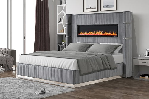 1st Choice Upholstery Wooden Queen Bed Ambient lighting in Gray Velvet