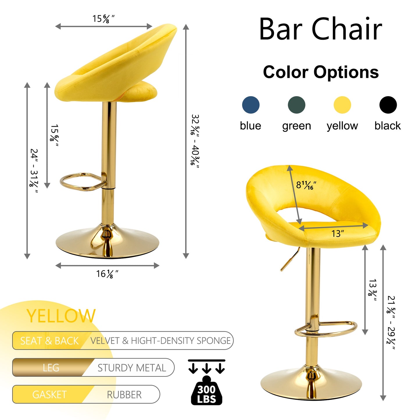1st Choice Velvet Adjustable Dining Counter Height Bar Chairs - Set of 2