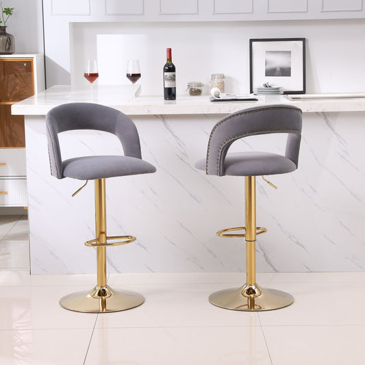 Modern Barstools Bar Height, Swivel Velvet Bar Stool Counter Height Bar Chairs Adjustable Tufted Stool with Back& Footrest for Home Bar Kitchen Island Chair (Grey, Set of 2)