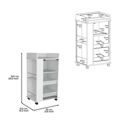 1st Choice Lansing Bar Cart with Glass Door Side Shelves & Casters - White